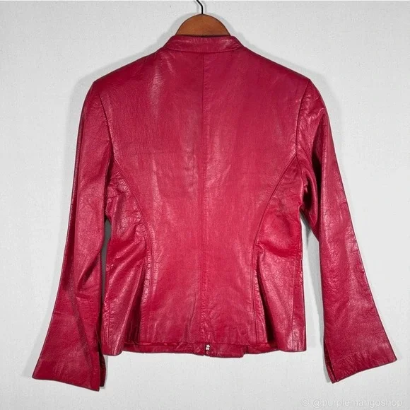 VINTAGE BCBG Max Azria Y2K Cherry Red Leather Jacket | Fitted Moto | Women's M - Picture 13 of 13